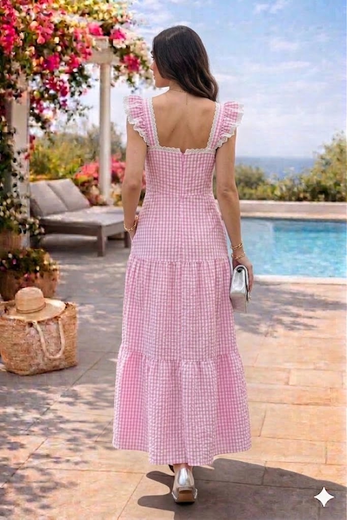 Pink Gingham Checks Maxi Dress