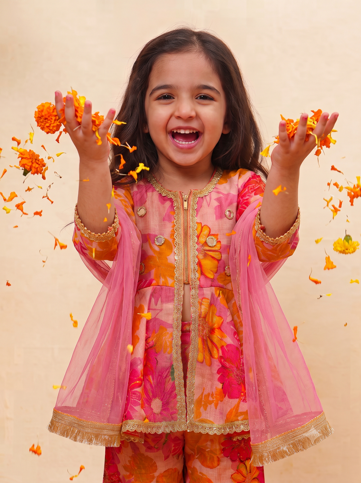 Floral Pepulm Kurta and palazzo-Set Of Three