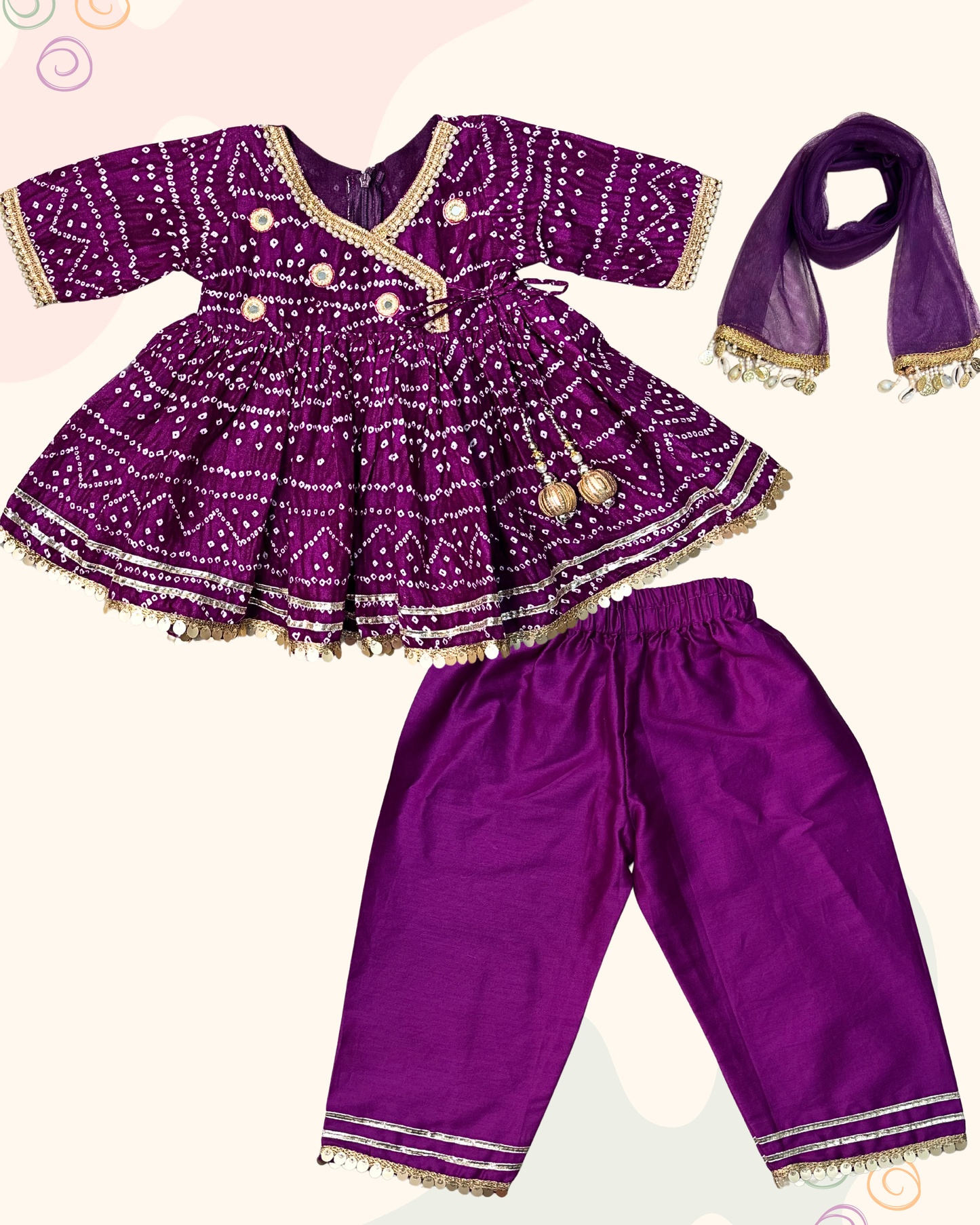 Bandhani print Angrakha Kurta Set-Purple