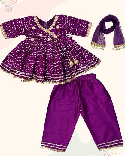 Bandhani print Angrakha Kurta Set-Purple