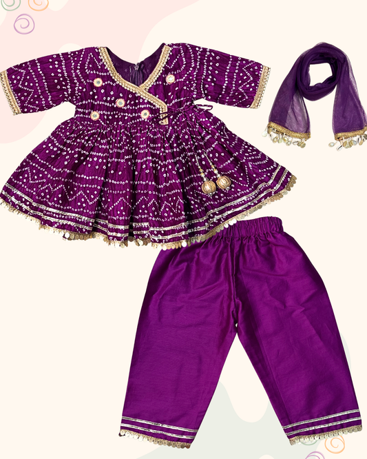 Bandhani print Angrakha Kurta Set-Purple