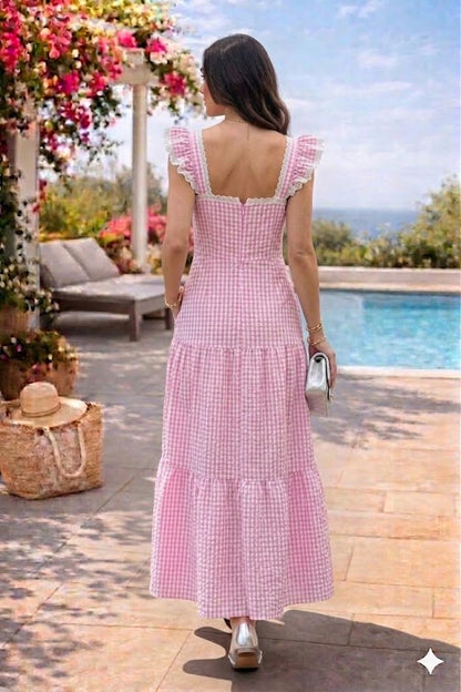 Pink Gingham Checks Maxi Dress