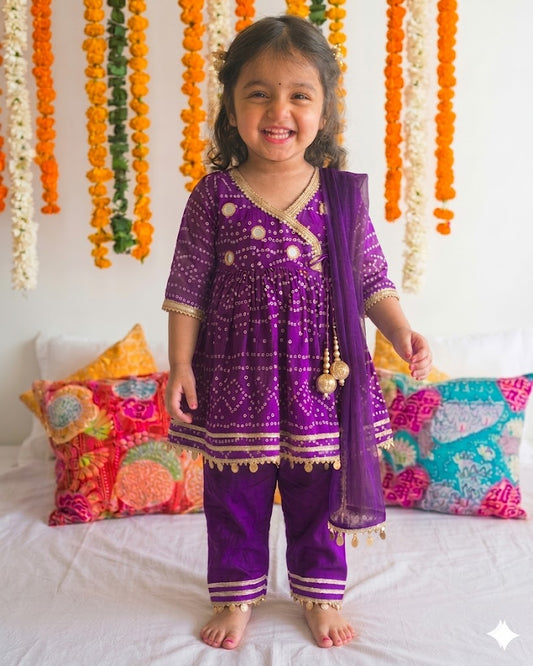 Bandhani print Angrakha Kurta Set-Purple