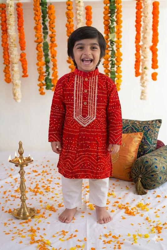 Red Bandhani Kurta Pyjama Set