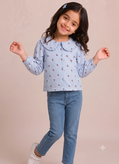 Peter Pan Collar Cotton Top-Blue
