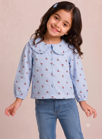 Peter Pan Collar Cotton Top-Blue