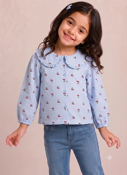 Peter Pan Collar Cotton Top-Blue