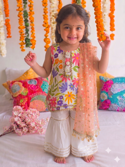 Linen Cotton Floral Sharara-Set of Three