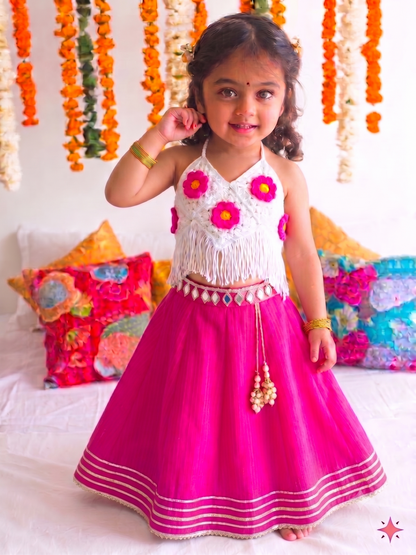 The Crochet top and Bandhani lehenga set-Pink