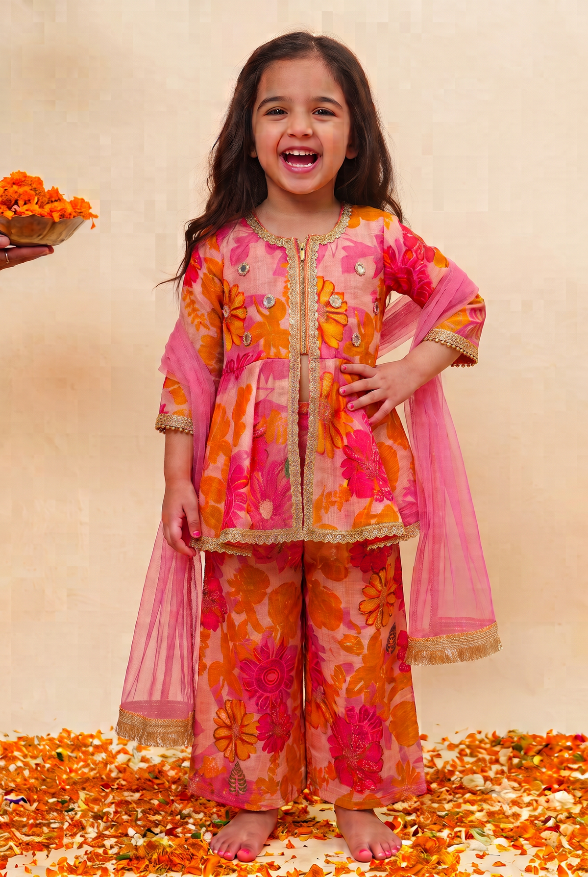Floral Pepulm Kurta and palazzo-Set Of Three