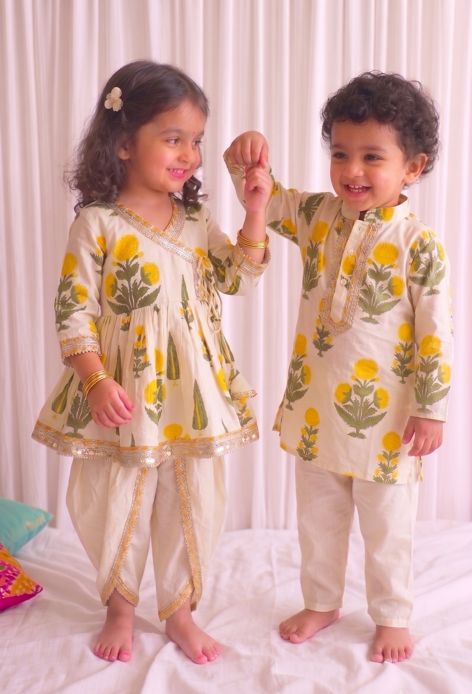 Two young children modeling matching cream-colored traditional Indian outfits with yellow floral prints and gold borders, standing on a white bed against a white curtain backdrop.
