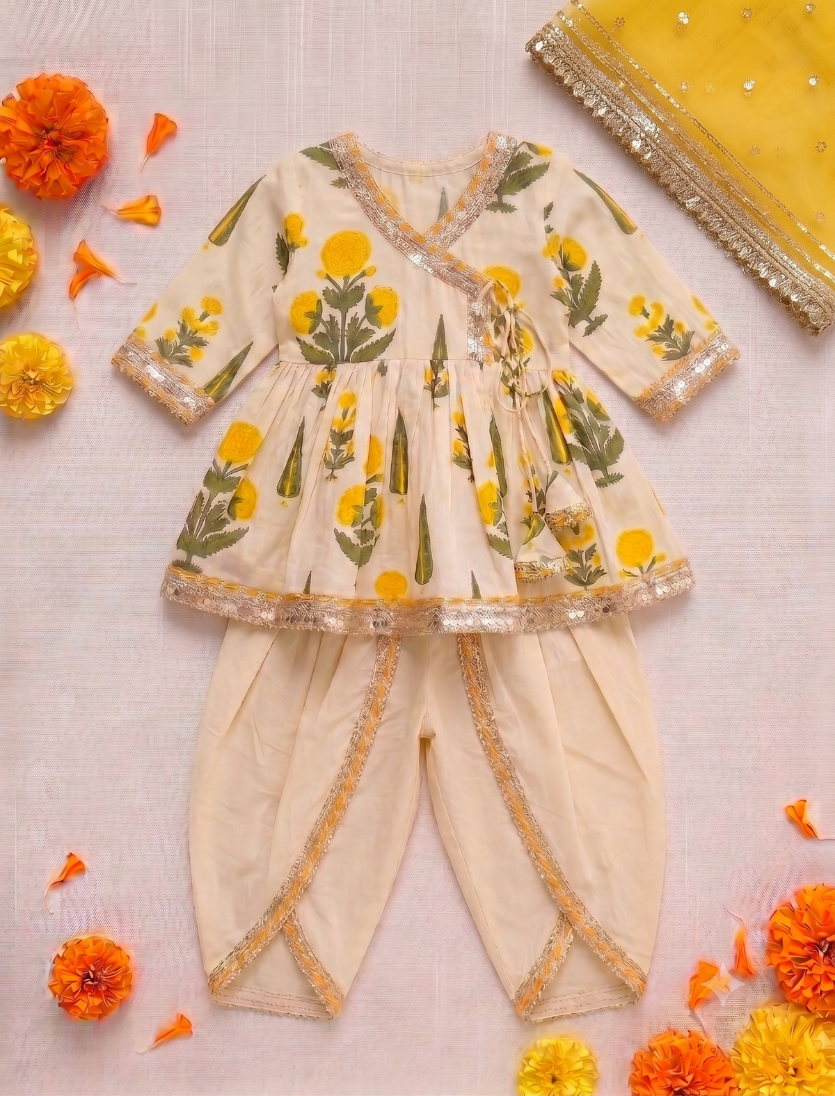 Floral Angrakha Kurta-Set Of Three