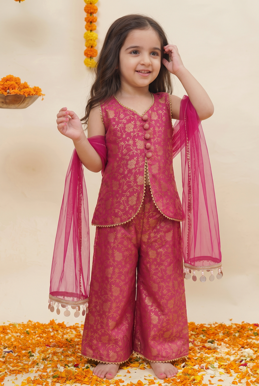 Brocade Silk Short Kurta and Palazzo-Set Of Three