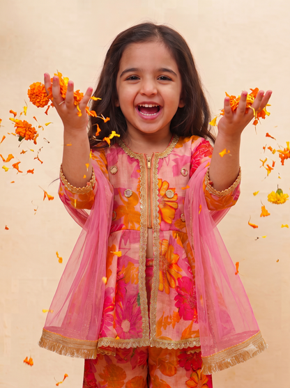 Floral Pepulm Kurta and palazzo-Set Of Three