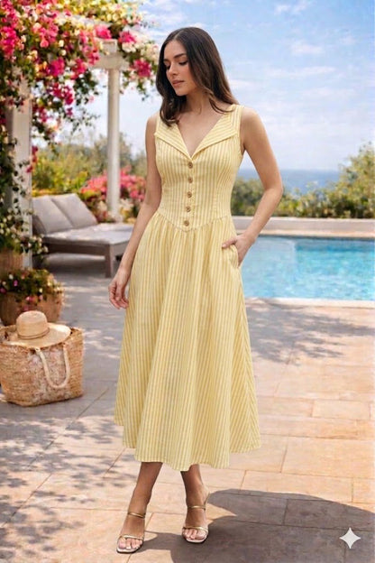 Yellow Striped Midi Dress