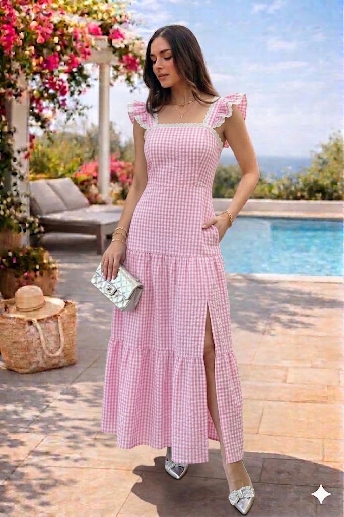 Pink Gingham Checks Maxi Dress