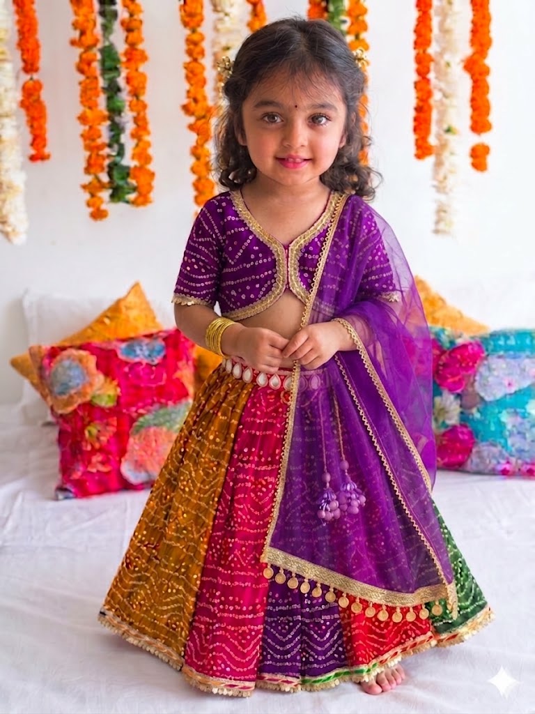 The Bandhani Multicolour Lehenga Set-Half sleeves