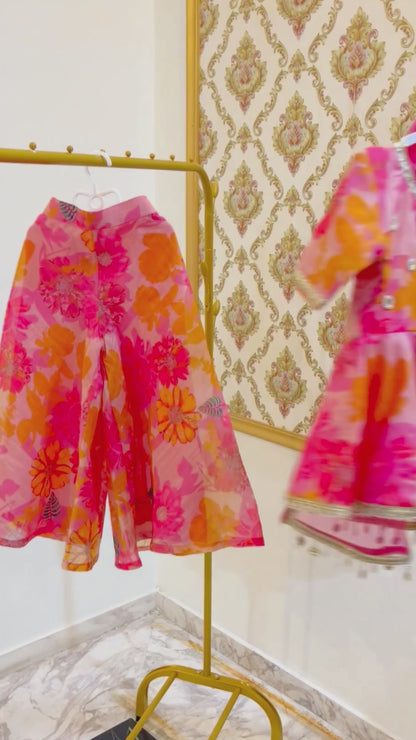Floral Pepulm Kurta and palazzo-Set Of Three